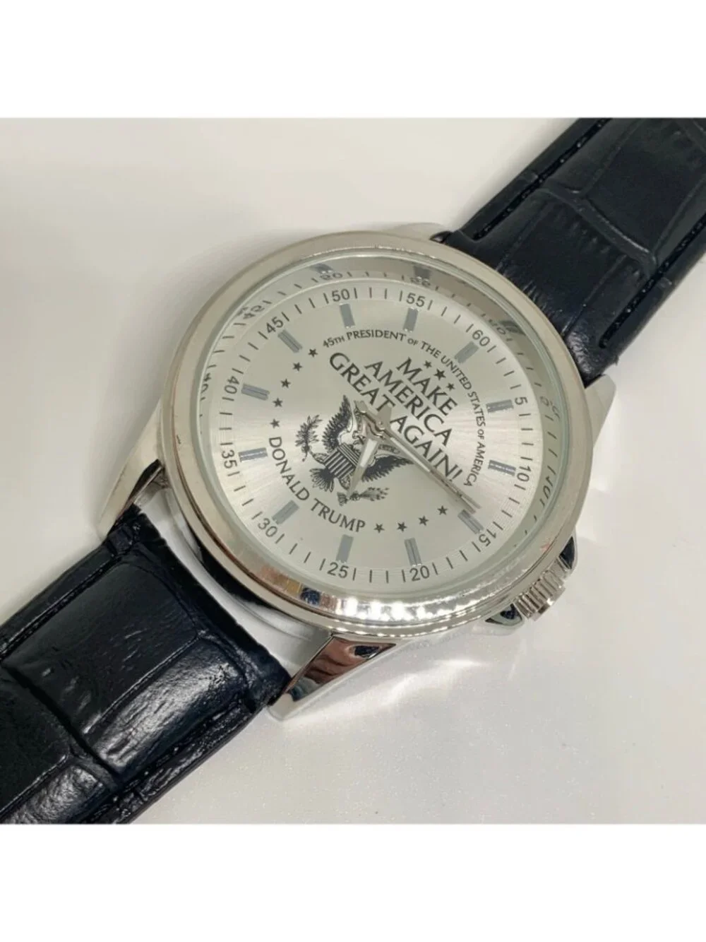 Men’s watch Make America great again silver tone 42mm black leather running